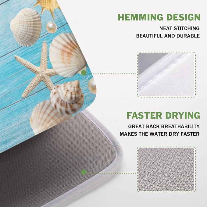 Summer Coastal Dish Drying Mat for Kitchen Counter Seashell Starfish Blue - Image 4