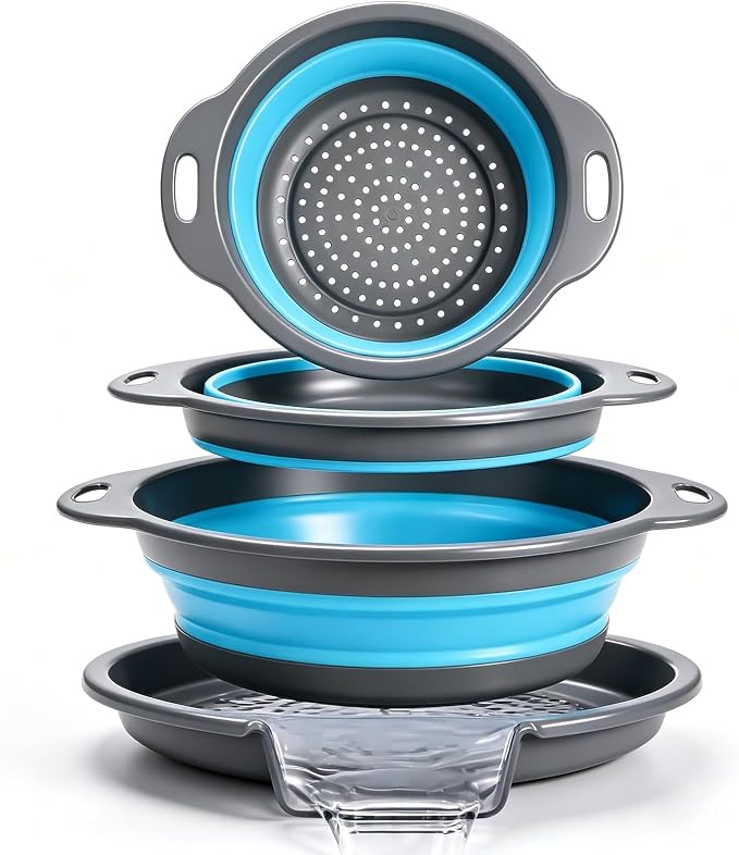Collapsible Colander Set with Oversized Draining Tray | 3-Pack Foldable Kitchen by CLUREN