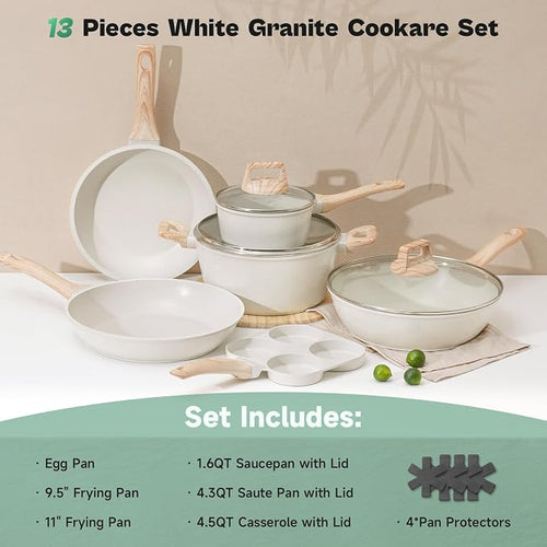 13 Pcs Pots and Pans Set, Nonstick Cookware Sets White Granite Induction - Image 2