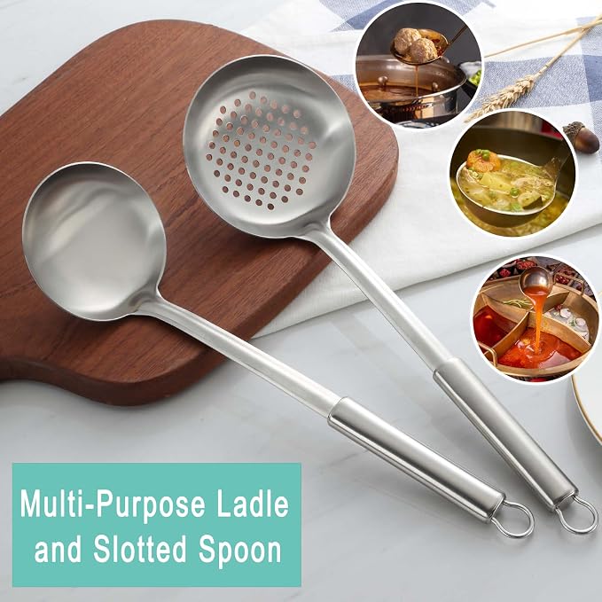 Pleafind 2-Pcs Ladle and Slotted Spoon, Soup Ladle and Strainer Spoons - Image 7