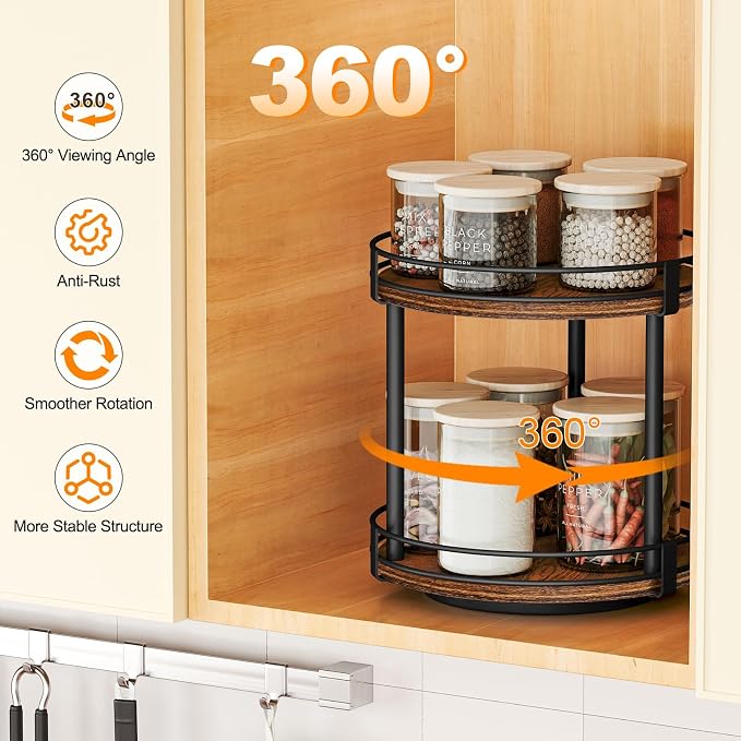 Snughome Rotating Spice Rack, 2 Tier Lazy Susan Organizer, Wood Kitchen - Image 4