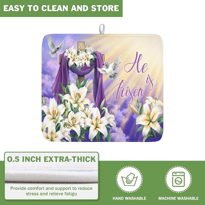 Easter Dish Drying Mat for Kitchen Counter He is Risen Cross Floral Purple - Image 5