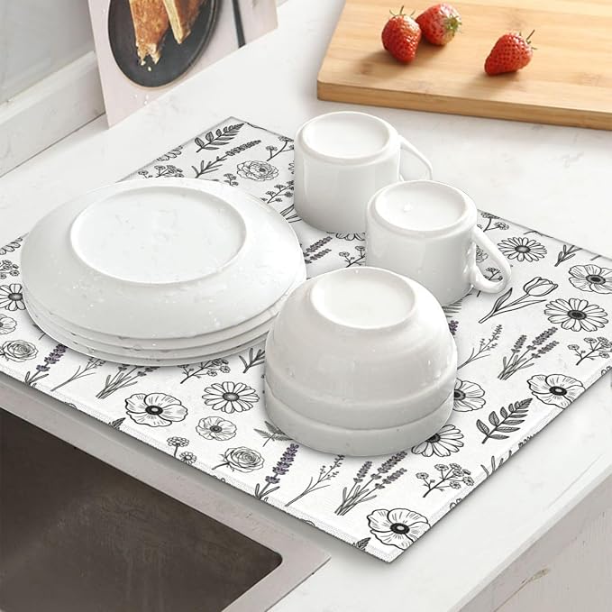 Black and White Floral Aesthetics Dish Drying Mat, - Image 2
