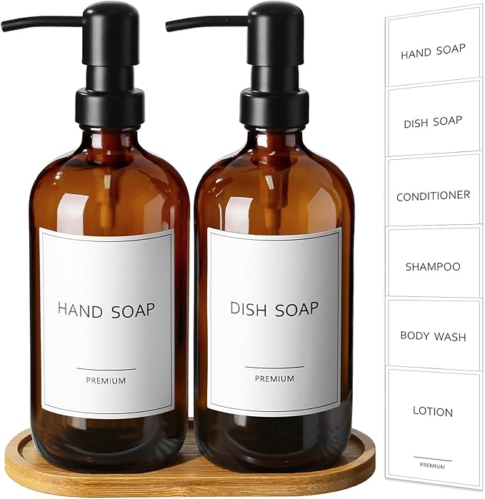 GMISUN Amber Glass Soap Dispenser, 2 Pack Bathroom Hand Soap Dispensers by GMISUN