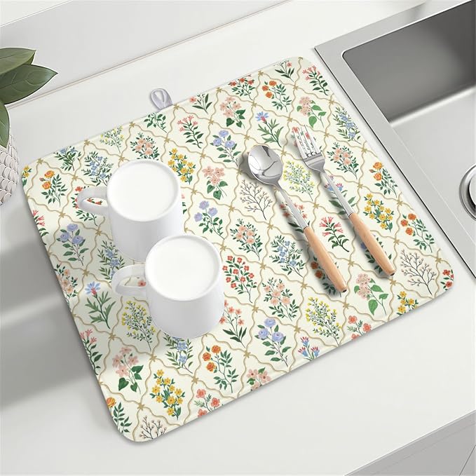 Floral Dish Drying Mat for Kitchen Counter Spring Summer Wild Flowers Diamond - Image 8
