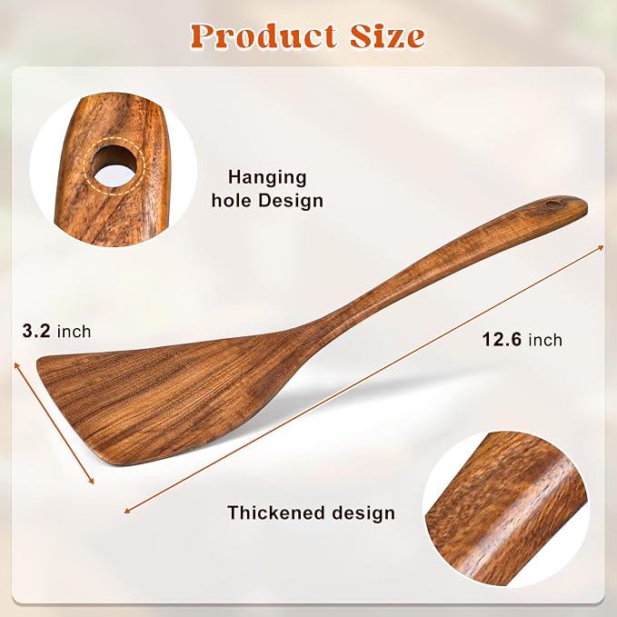 Wooden Spatula for Cooking, Acacia Wood Flat Frying Spatulas, Long Handle - Image 4