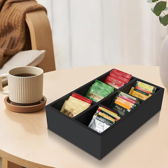 Tea Bag Box Wood Black 6 Compartments Tea Bag Organizer Drawer Storage - Image 2