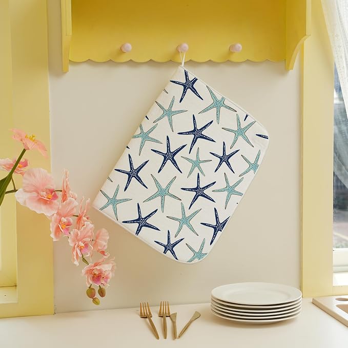 Coastal Dish Drying Mat 18x24 Inch Summer Navy Blue Teal Turquoise Starfish - Image 5