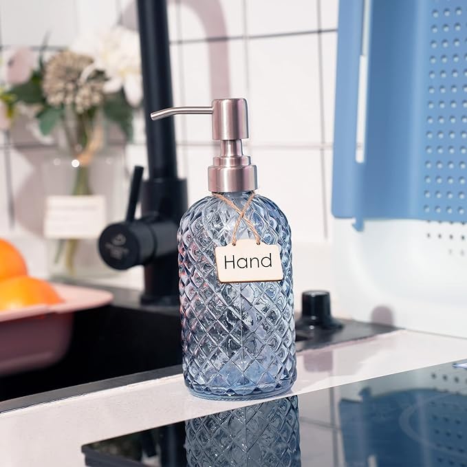 16 oz Diamond Pattern Glass Soap Dispenser, Kitchen and Bathroom Refillable - Image 2