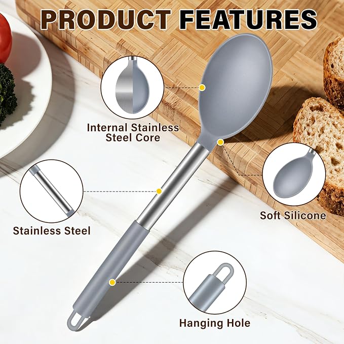 3Pcs Silicone Cooking Spoon Set, Kitchen Utensils Include Solid & Slotted Spoon - Image 3