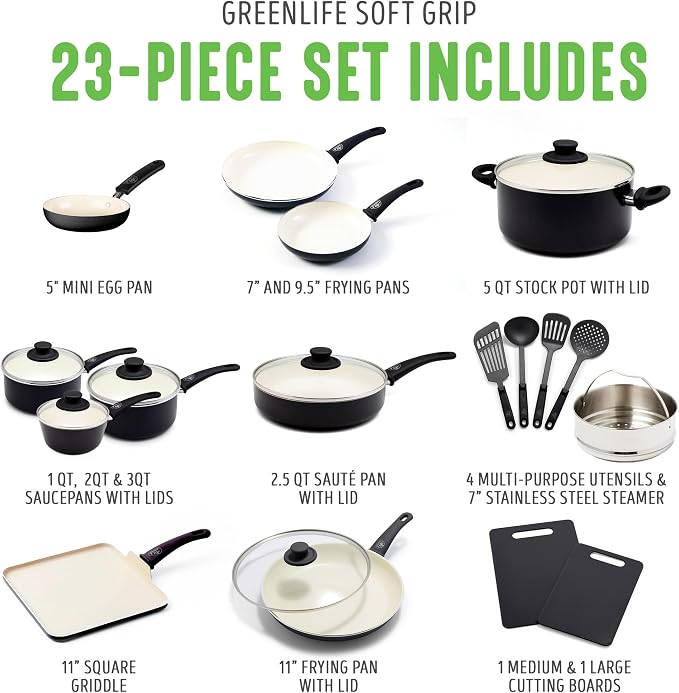 GreenLife Soft Grip Healthy Ceramic Nonstick 23 Piece Kitchen Cookware Pots and - Image 3