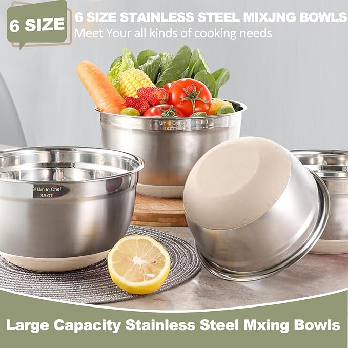 Umite Chef Mixing Bowls with Airtight Lids, 6 piece Stainless Steel Metal - Image 4