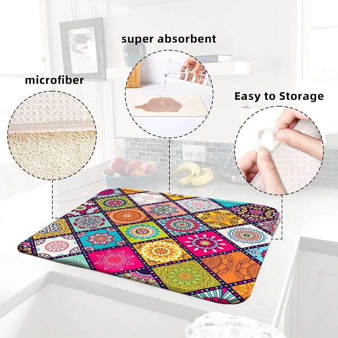 Plaid Floral Large Dish Drying Mats, Reversible Boho Dish Drying Pads - Image 6