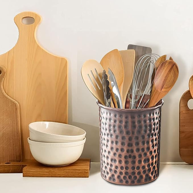 Monarch Abode Kitchen Utensil Holder – Hand Hammered Metal Antique Copper - Image 2