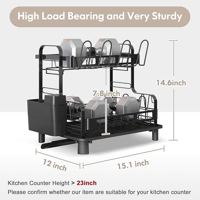 BOOSINY Dish Drying Rack, 2 Tier Large Stainless Steel Black Dish Rack - Image 4