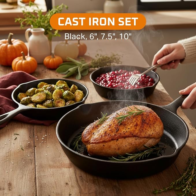 Bruntmor 6, 10 Inches Black Pre-seasoned Cast Iron Frying Pan Set of 3 - Image 3