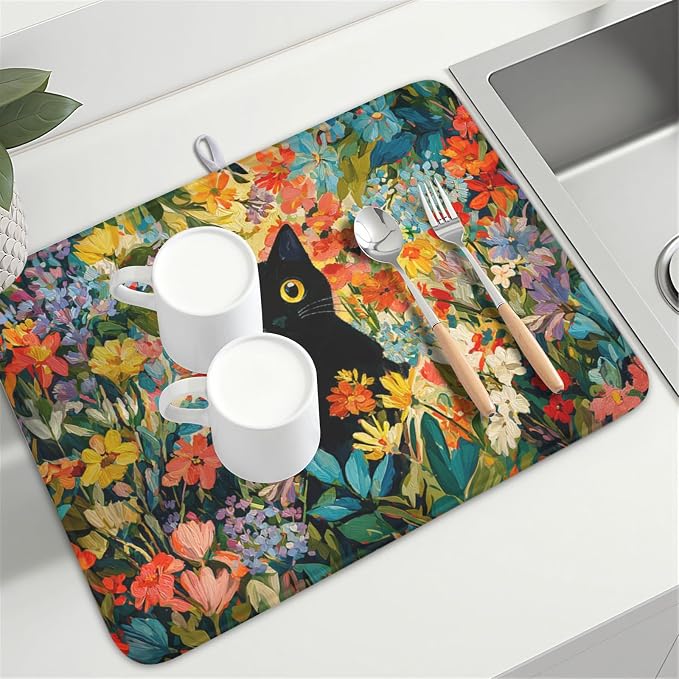 Spring Summer Floral Cat Dish Drying Mat - Image 8