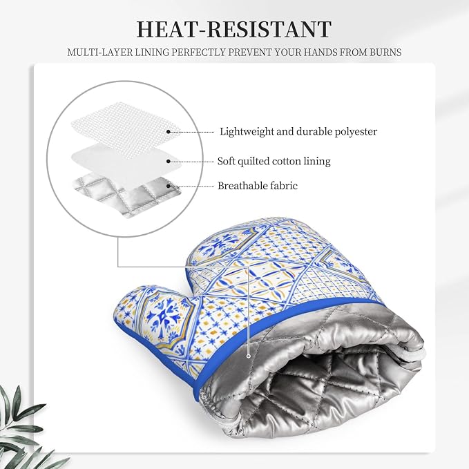 Blue Boho Geometric Silicone Oven Mitts Pan Mats Set of 2, Heat Resistant - Image 4