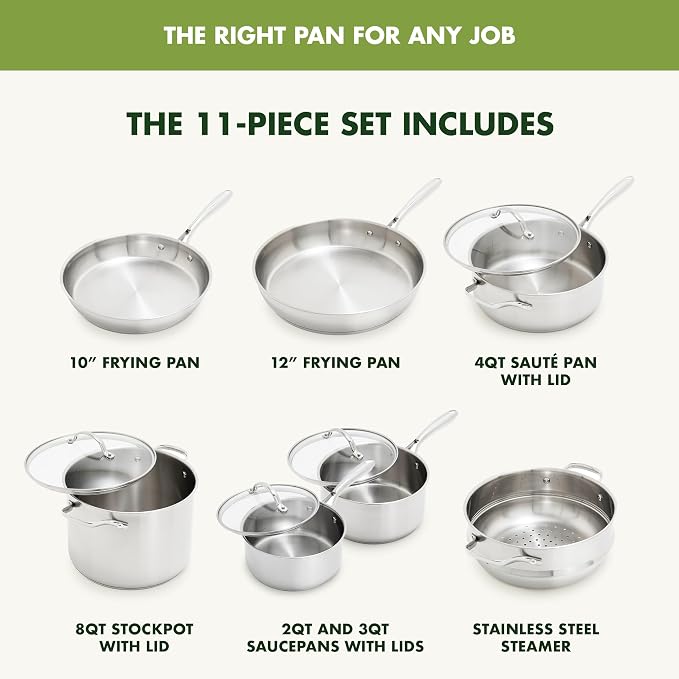 GreenPan Stainless Steel Cookware Set, 11 Piece, Induction Cookware, Dishwasher - Image 3