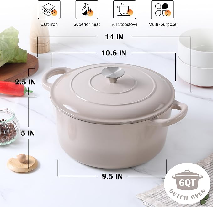 E-far Enameled Dutch Oven Pot for Bread Baking, 6QT Enameled Cast Iron Cookware - Image 2