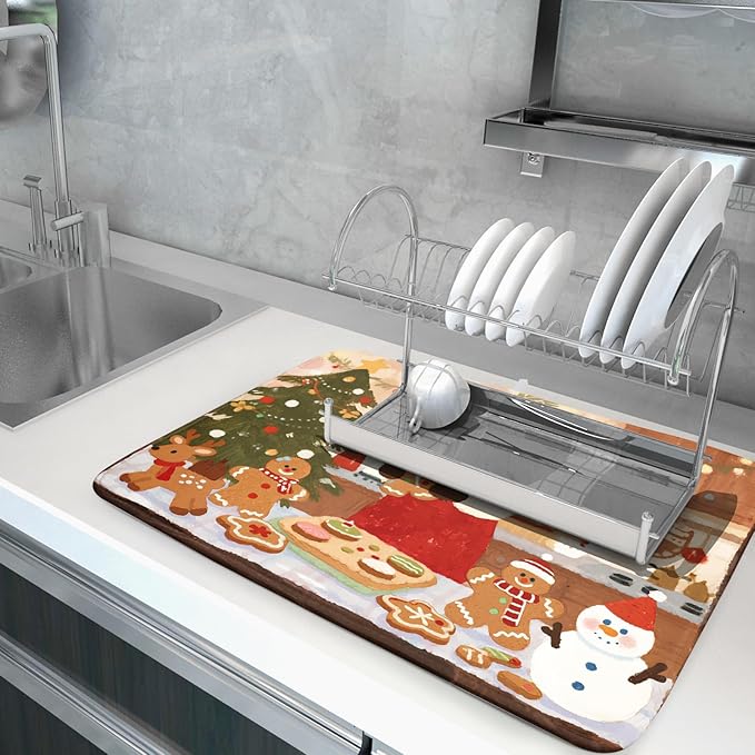 Christmas Dish Drying Mat for Kitchen Counter 18x24 Santa Claus Gingerbread - Image 5