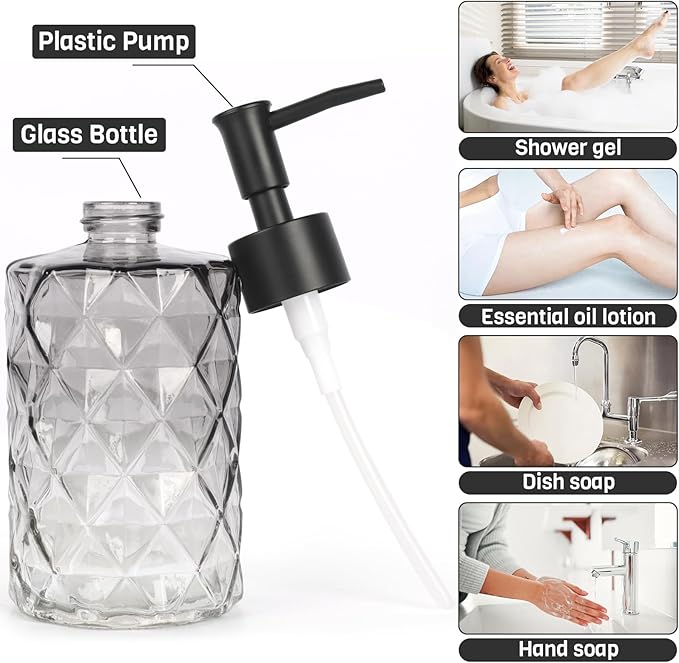 Glass Soap Dispenser with Plastic Pump, 2 Pack 12oz Gradient Diamond Design - Image 2