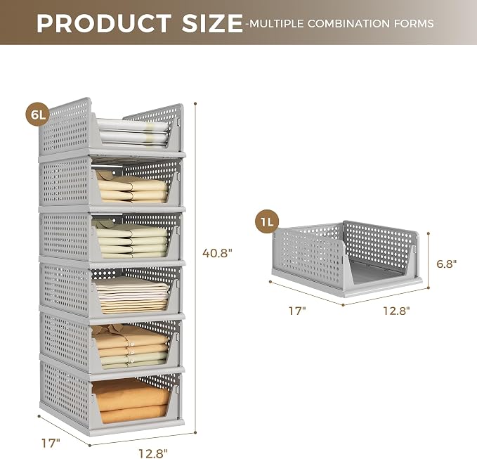 Pinkpum Grey 6 Pack Closet Organizers Storage Bins, Stackable Plastic Drawer - Image 3