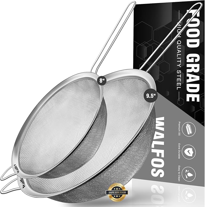 Walfos Large Fine Mesh Strainer 9.35" & 7.8", Stainless Steel Mesh Sieve by Walfos