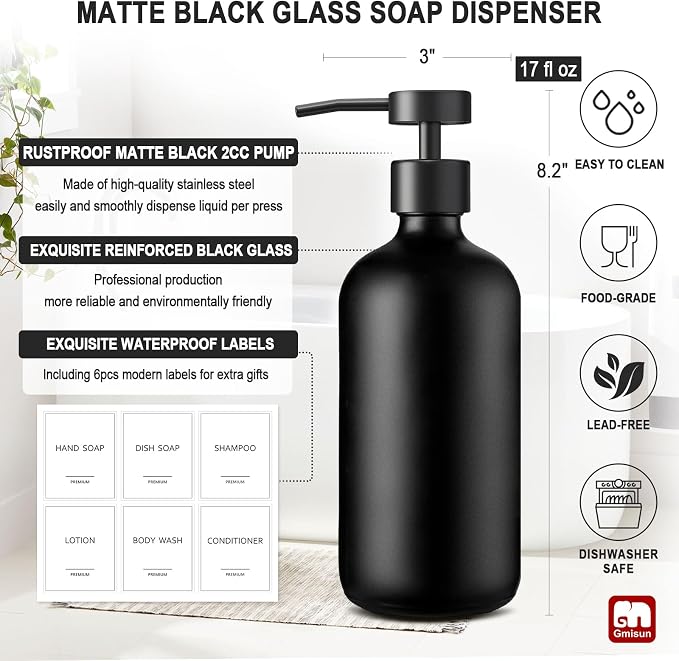 GMISUN Black Soap Dispenser, 2 Pack Matte Black Hand Soap Dispensers - Image 3