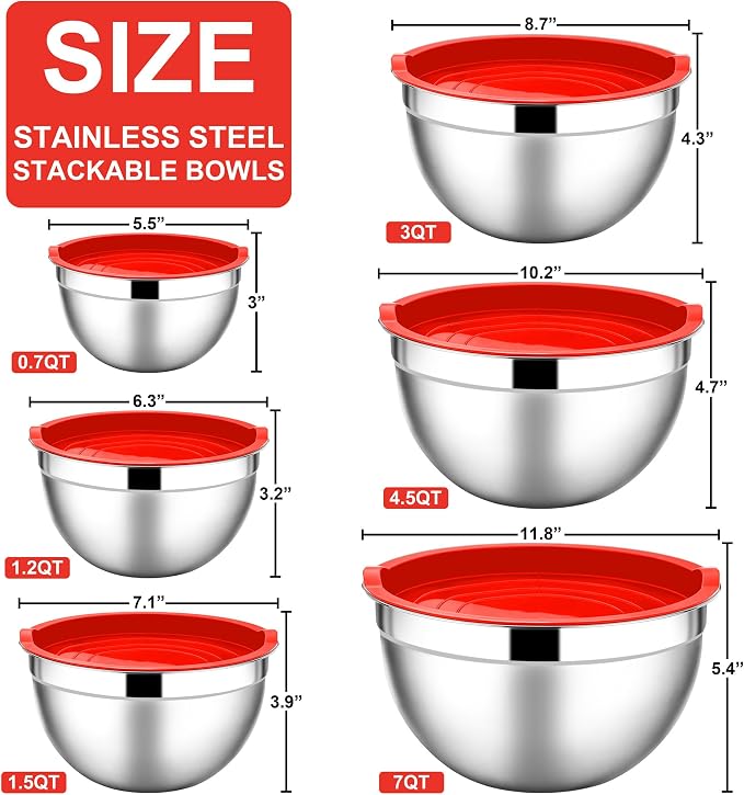 E-far Mixing Bowls with Lids, 12-Piece Stainless Steel Salad Bowls Metal - Image 2