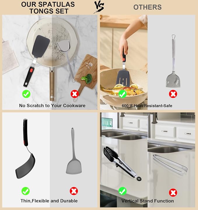4PCS Flexible Silicone Spatula Turner Set and Kitchen Food Tongs - Image 6