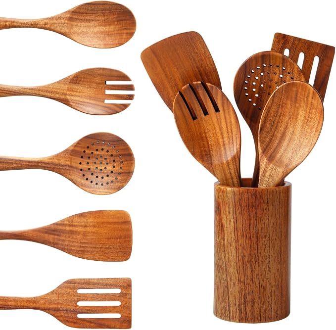 Teak Wooden Spoons for Cooking:6 Piece Wood Kitchen Utensils Set, Comfort Grip by Yhendelion