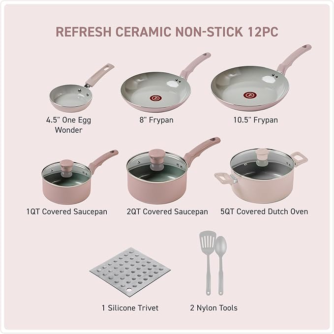 T-Fal Refresh Ceramic Nonstick Cookware Set, 12-Piece Ceramic Pots and Pans Set - Image 2