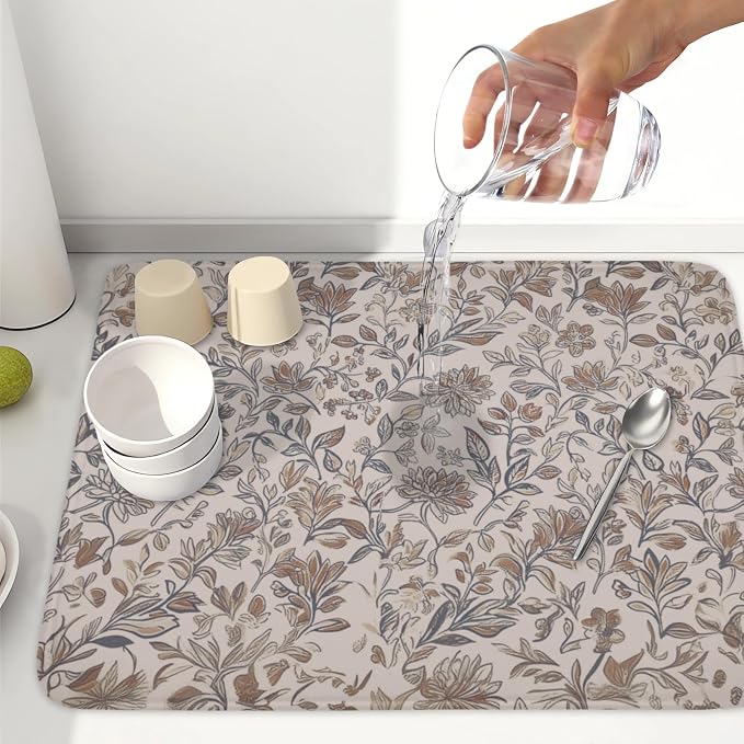 Vintage Floral Dish Drying Mat for Kitchen Counter Brown Antique Flower - Image 6
