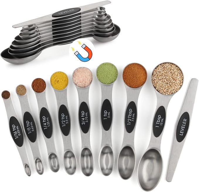 Measuring Spoon Set of 9 Magnetic Measuring Spoons Dual Sided Stainless Steel by YAMOLIN