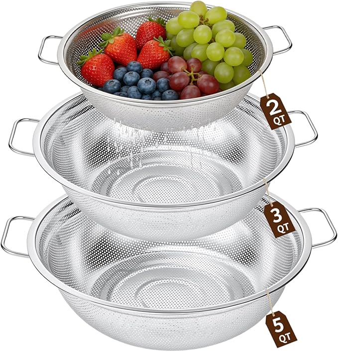 Colander Set of 3, Stainless Steel Micro-Perforated Colanders Strainers by HomeGood4Less