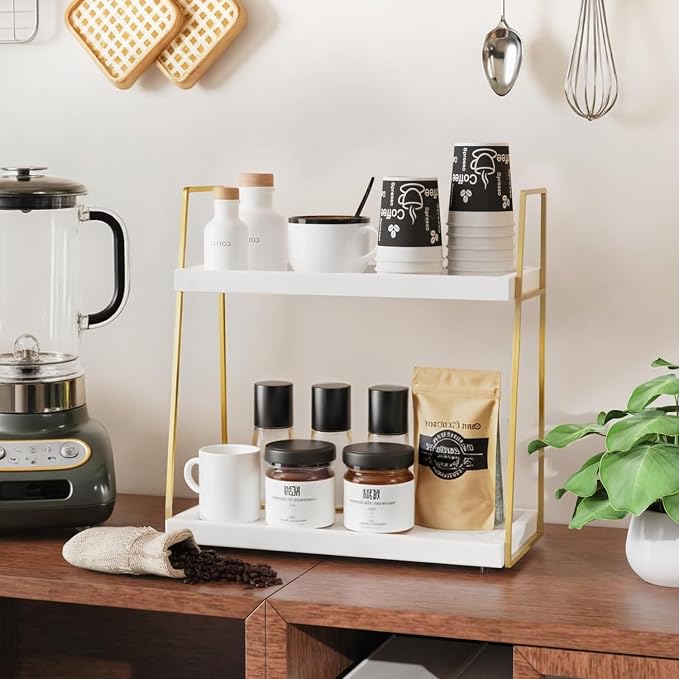 Coffee Bar Organizer for Countertop, 2 Tier Wooden Shelf for Coffeebar - Image 2