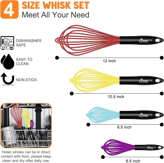 HOTEC 4 Pieces Silicone Whisks Set, Wire Balloon Whisks Egg Beater, Non-slip - Image 2