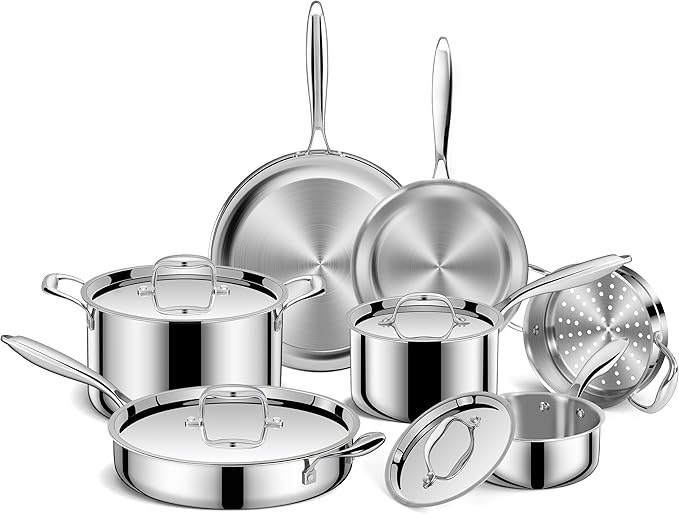 EWFEN Pots and Pans Set, 3 Ply 11 Piece Stainless Steel Cookware Set, Oven by EWFEN