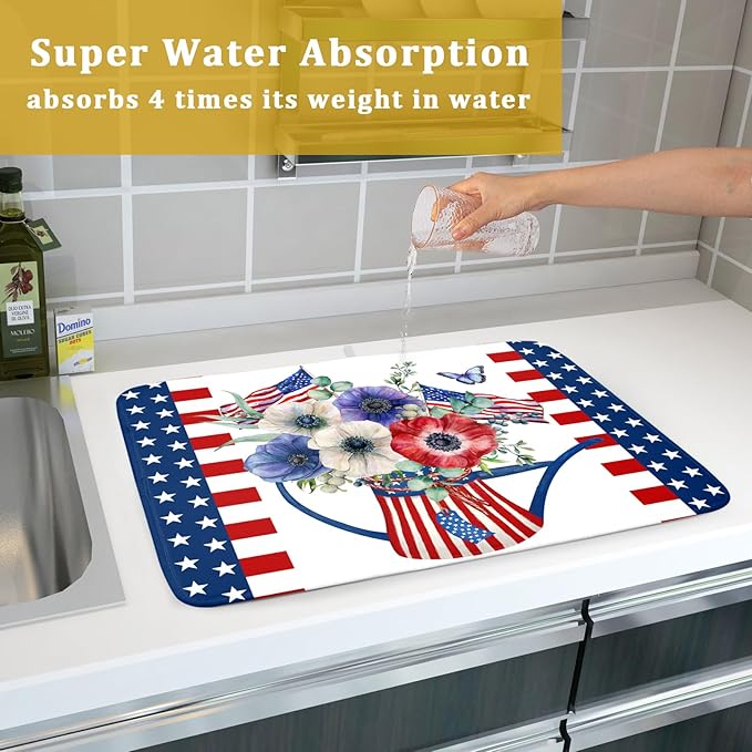 Patriotic American Flag Dish Drying Mat 18x24 Inch Spring Summer Flower 4th of - Image 7