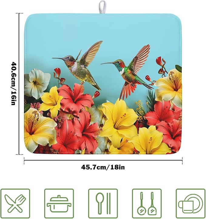 Kawani Spring Summer Hummingbirds Floral Dish Drying Mat - Image 2