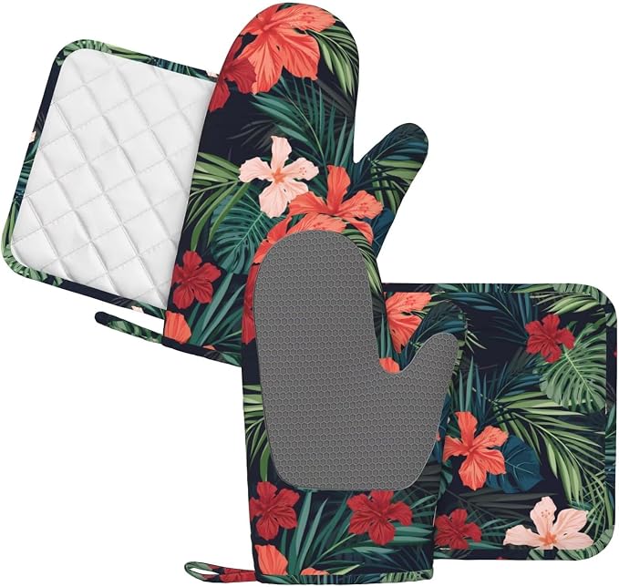 Tropic Hawaiian Hibiscus Flower Oven Mitts Pot Holders Set Silicone Heat - Image 2