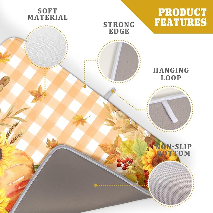 Autumn Maple Leaf Orange White Check Plaids Dish Drying Mat - Image 4
