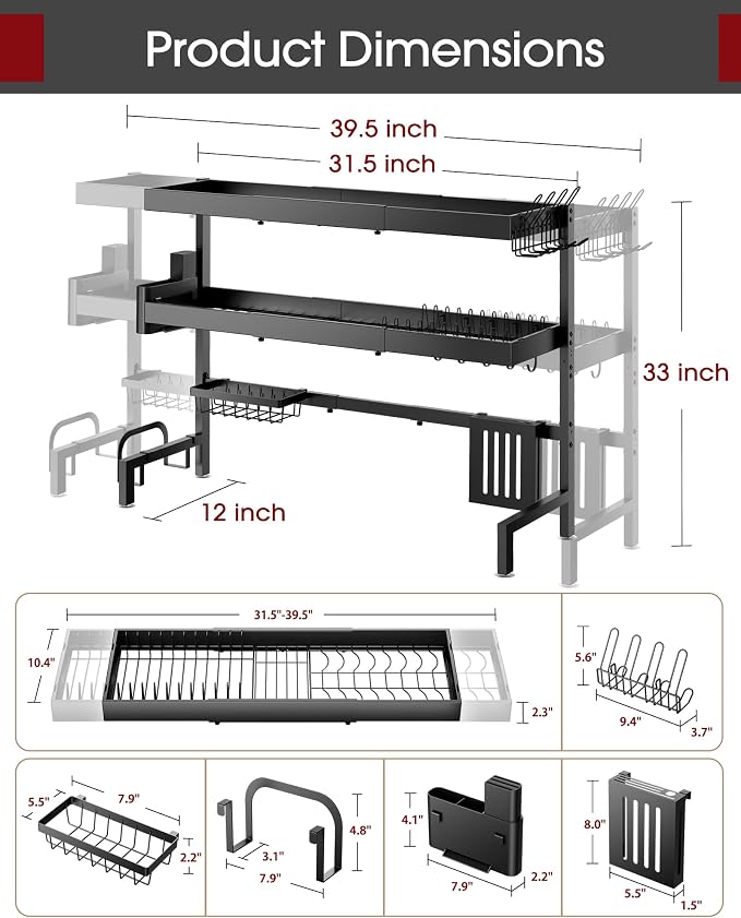 Sakugi Over The Sink Dish Drying Rack, Expandable 3-Tier Stainless Steel - Image 4