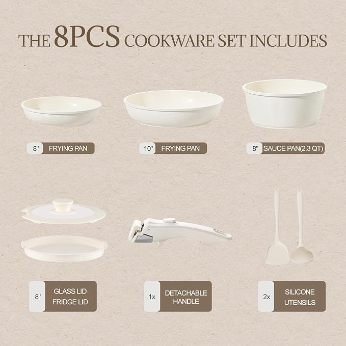 Ceramic Cookware Set Non Stick 8Pcs Pots and Pans Set Detachable Handle - Image 2
