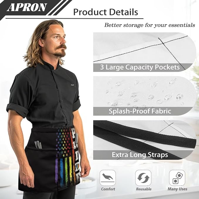 Server Apron with 3 Pockets, Waterproof Oil Waitress Waiter Half Apron - Image 6
