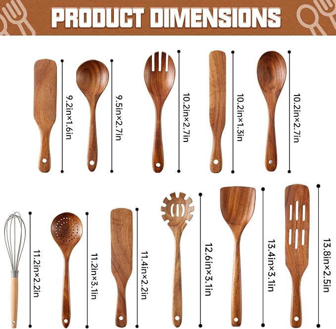Wooden Spoons for Cooking 11Pcs Natural Acacia Wooden Kitchen Utensil Set - Image 2