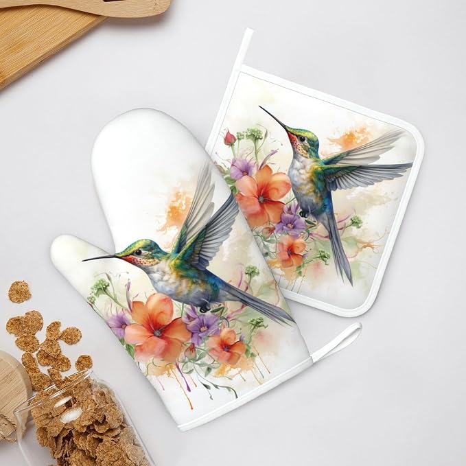Oven Mitts and Pot Holders Watercolor Hummingbird Flower Silicone Kitchen - Image 6