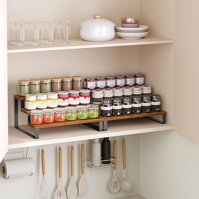 YATINEY Spice Rack, 3 Tier Wooden Display Riser Stand, Kitchen Storage Organizer - Image 2