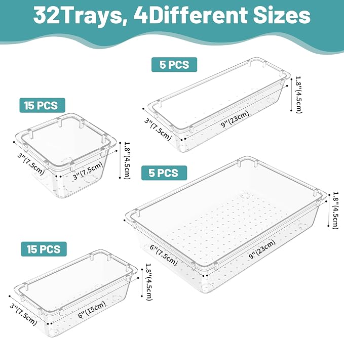 WOWBOX 40 PCS Clear Plastic Drawer Organizer Set, 4 Sizes Desk Drawer - Image 3